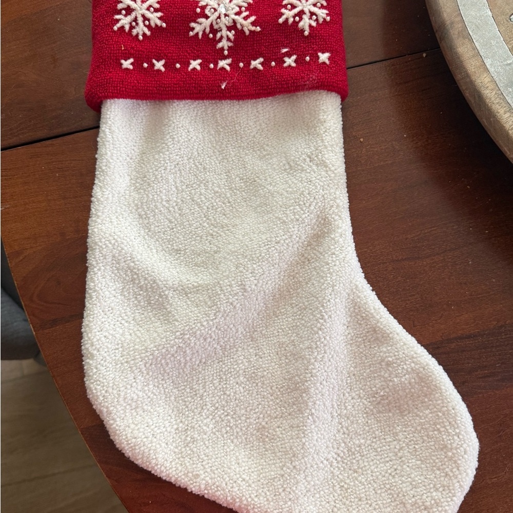 Red and White Holiday Stocking with Snowflake Design